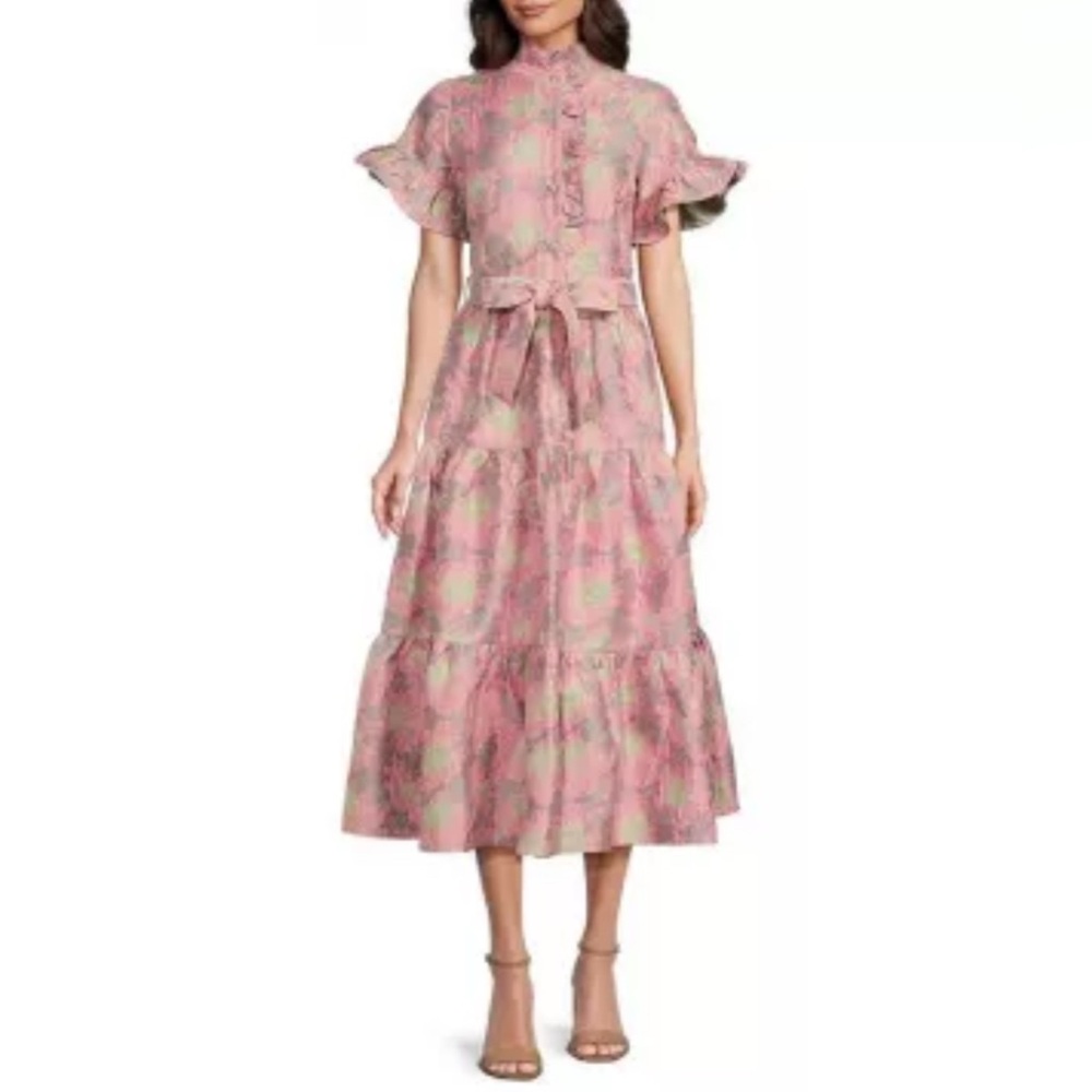 Abbey Glass
Floral Print Sadie Ruffle Stand Collar Short Sleeve Tie Waist Tiered